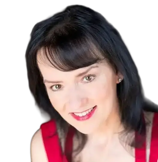 Portrait of a woman with black hair, wearing a red sleeveless top, smiling against a black background.