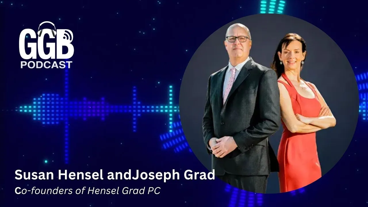 Professional portrait of Susan Hensel and Joseph Grad with podcast branding and text.