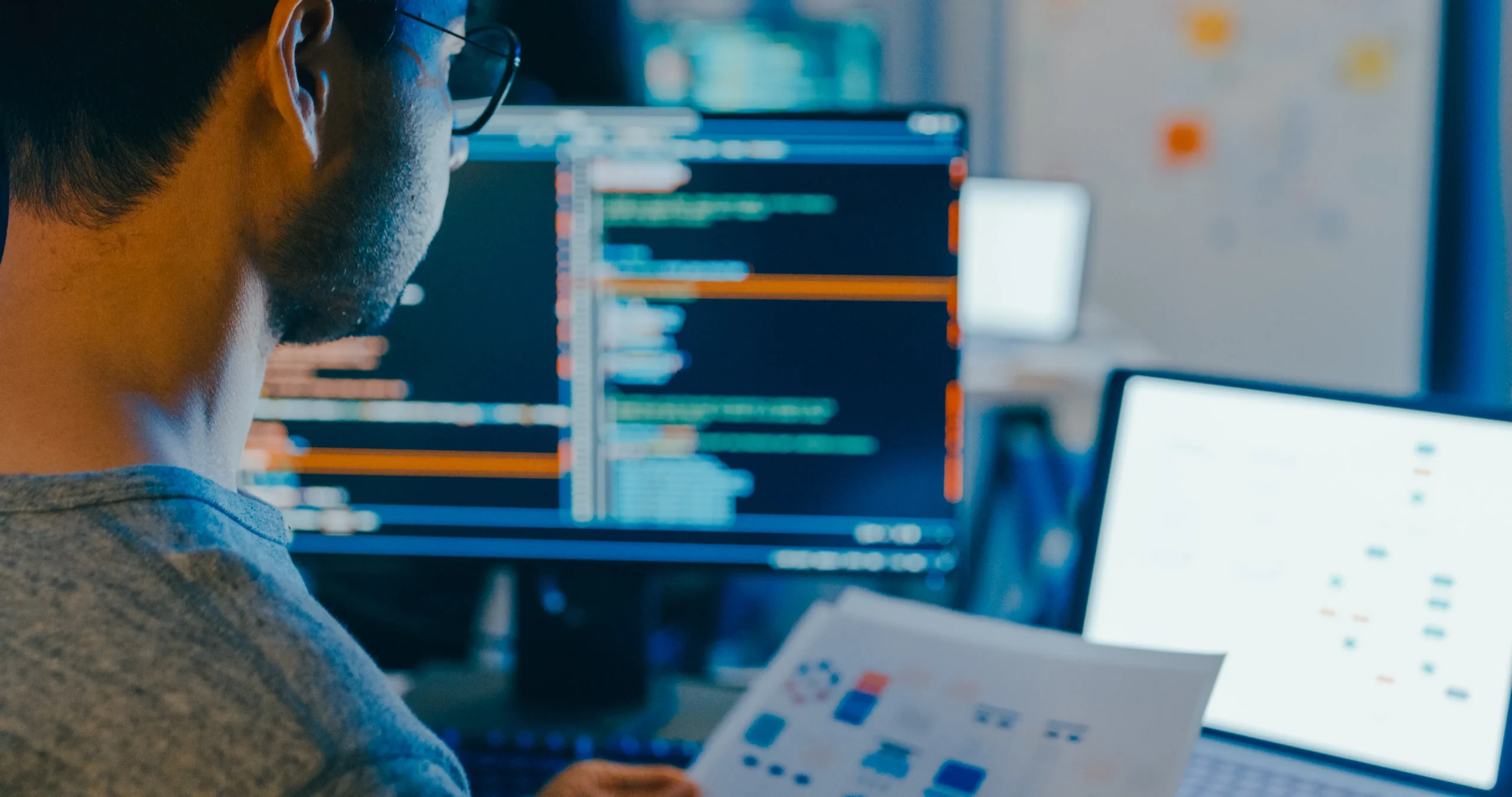 Man wearing glasses working on computer programming with code on screens and printed charts.