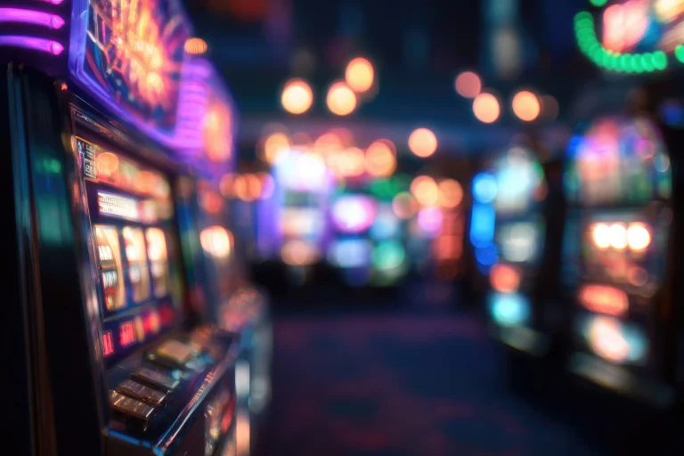 Blurred view of illuminated slot machines with vibrant neon lights in a casino setting.