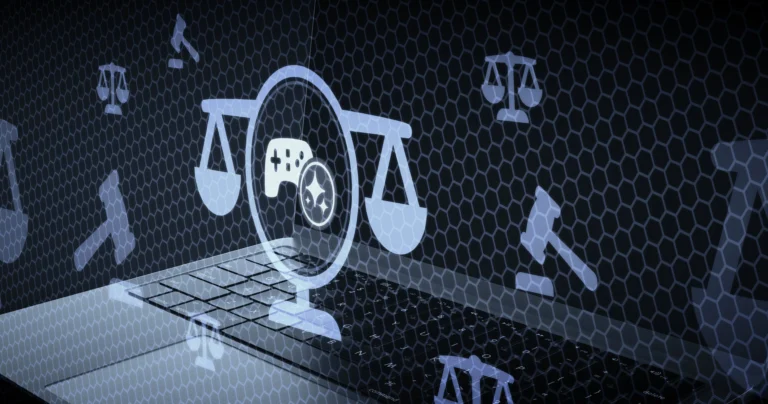 Digital scales of justice and gavel icons overlaying a laptop keyboard with hexagonal pattern.